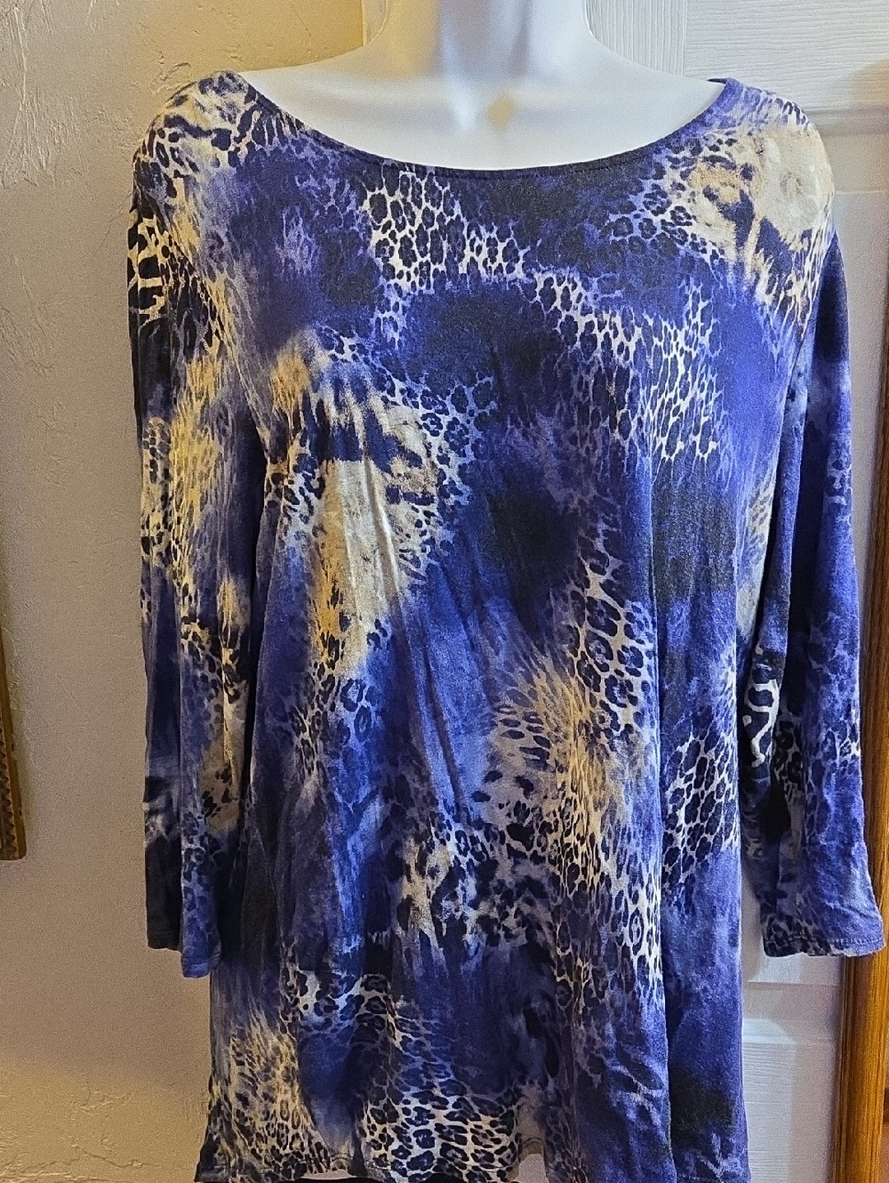 Chico's Blue, Purple and Cream Abstract Animal-Print Tunic Top